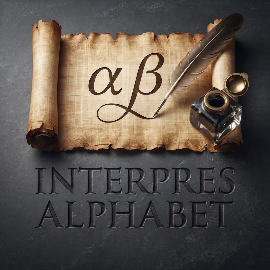 Interpres Alphabet — папирусов свитък с ръкописни α и β, перо и мастилница